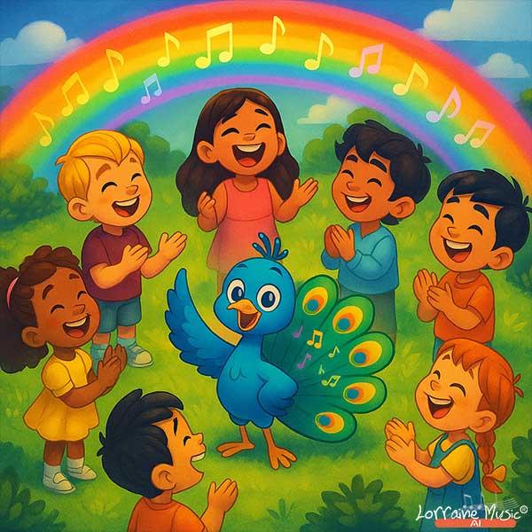 Children singing together with Al under a rainbow of notes