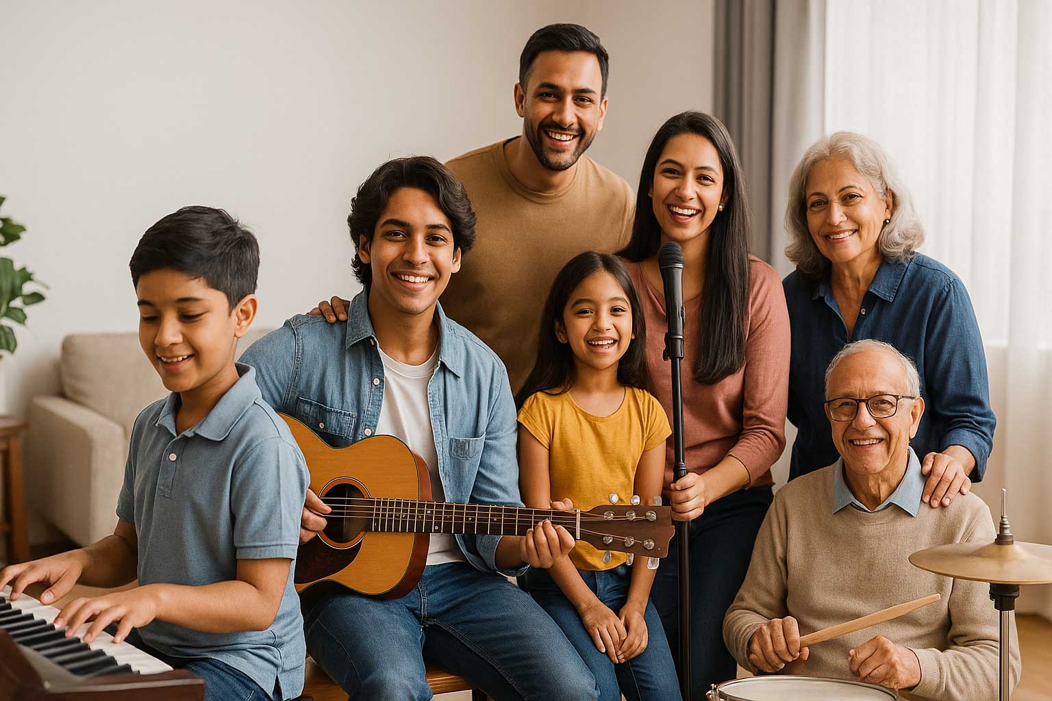 Music lessons in India with an Indian family—boy at piano, girl singing, parents with guitar, grandfather on drums, grandmother smiling.
