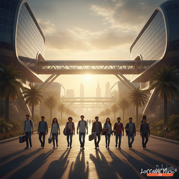 Music Literacy for a Innovative India Indian students walking through a futuristic campus with musical instruments.