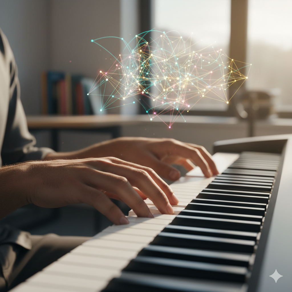 The Science of Sound – Brain & Music Close-up of Indian student playing piano with artistic neural overlay