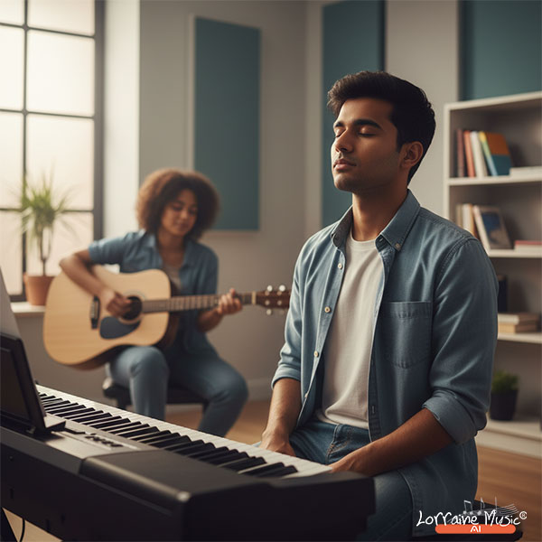 Emotional Intelligence, Stress Management, and Mindfulness Indian student practicing mindfulness beside a piano keyboard.