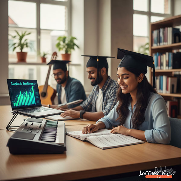 Academic Excellence: Music’s Impact on Learning Outcomes Indian university student studying with piano keyboard and sheet music.