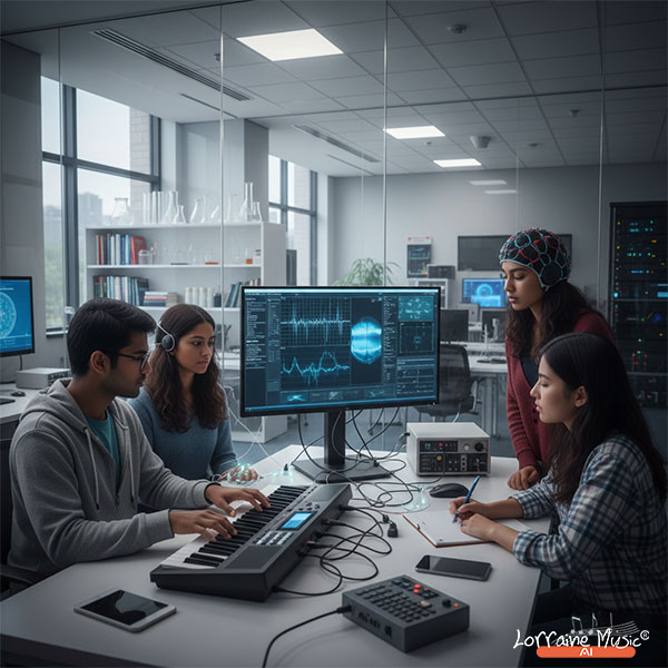 Music Literacy as a Driver of Innovation and Research Indian students conducting music research around a keyboard in a university lab.