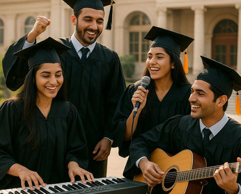 Indian college students learning piano, guitar, and singing in a modern classroom