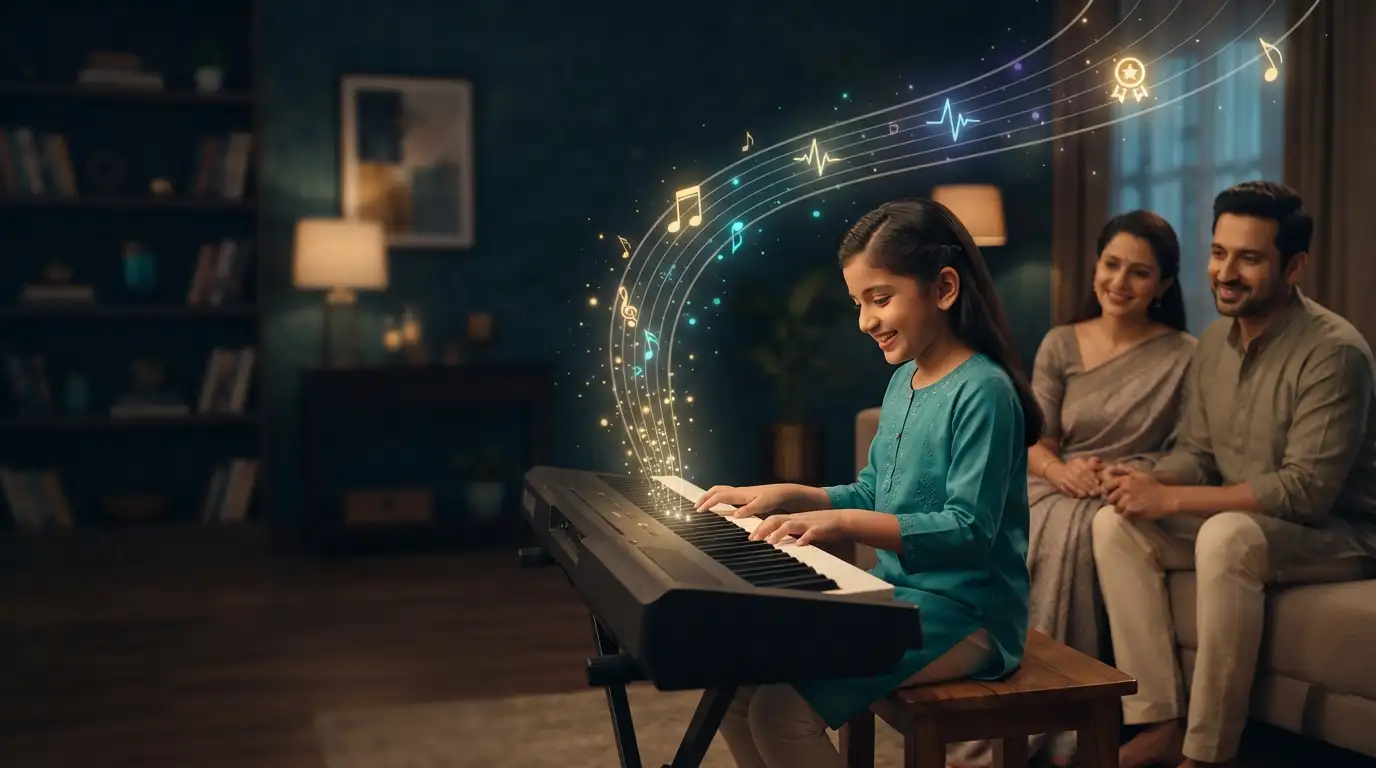 Child learning piano with confidence